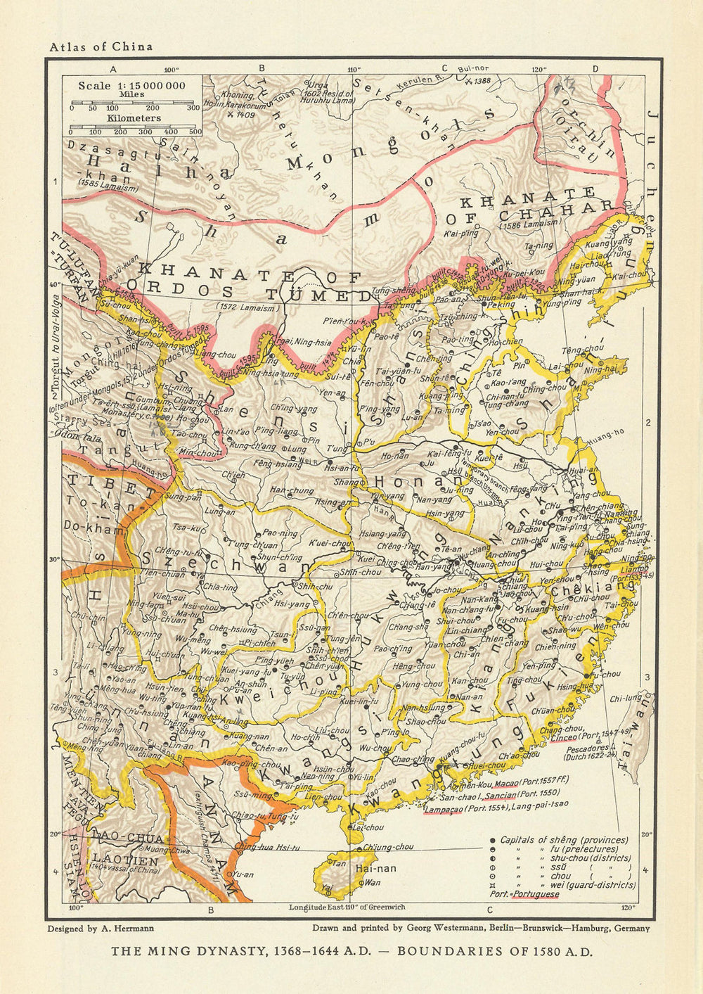 China. The Ming Dynasty, 1368-1644 AD. 1580 AD borders 1935 old vintage map