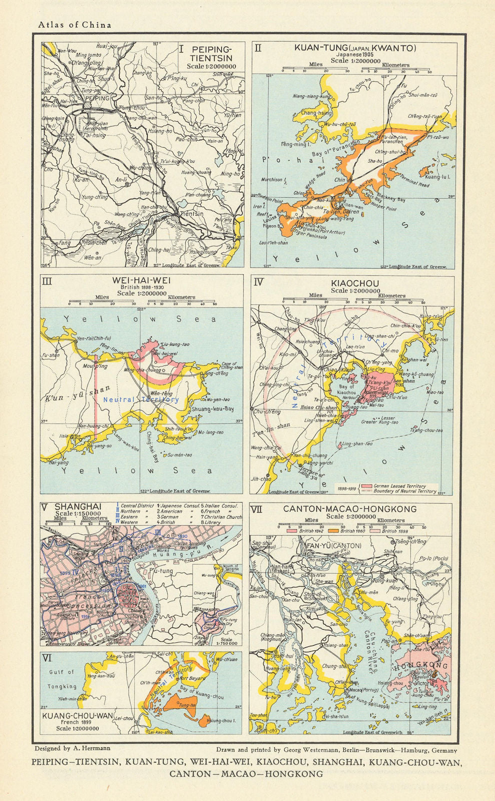 China foreign enclaves. Dalian Yantai Qingdao Shanghai Hong Kong 1935 old map
