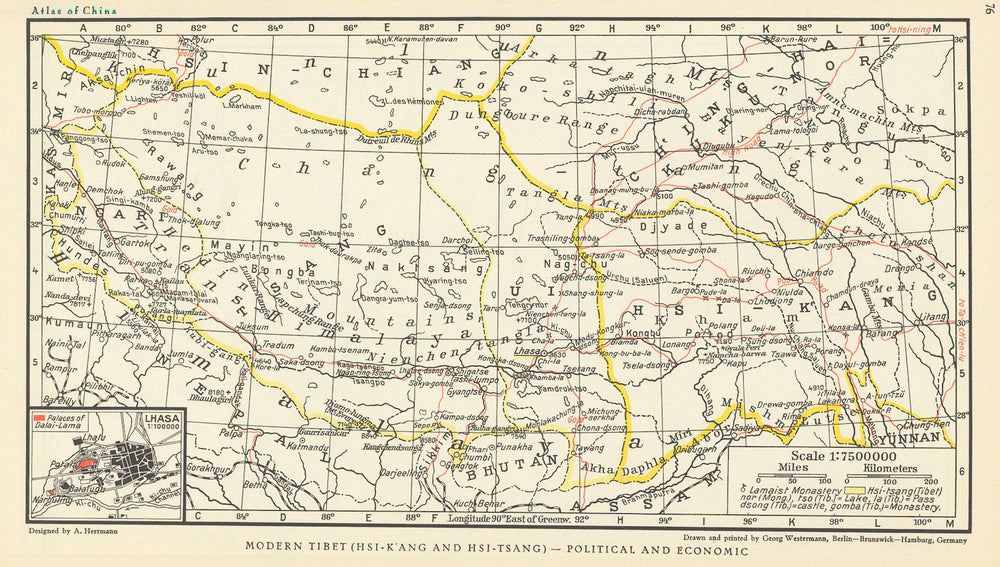 Tibet. Hsi-kang/tsang. Political Economic. Lhasa. Dalai-Lama's palaces 1935 map