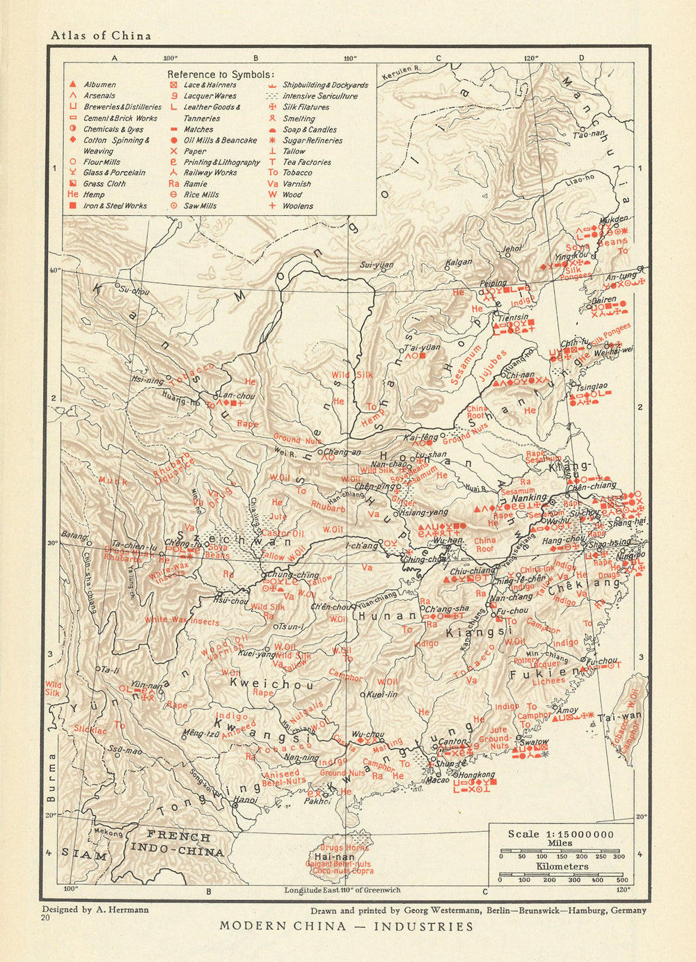 Modern China - Industries. Agricultural & industrial products 1935 old map