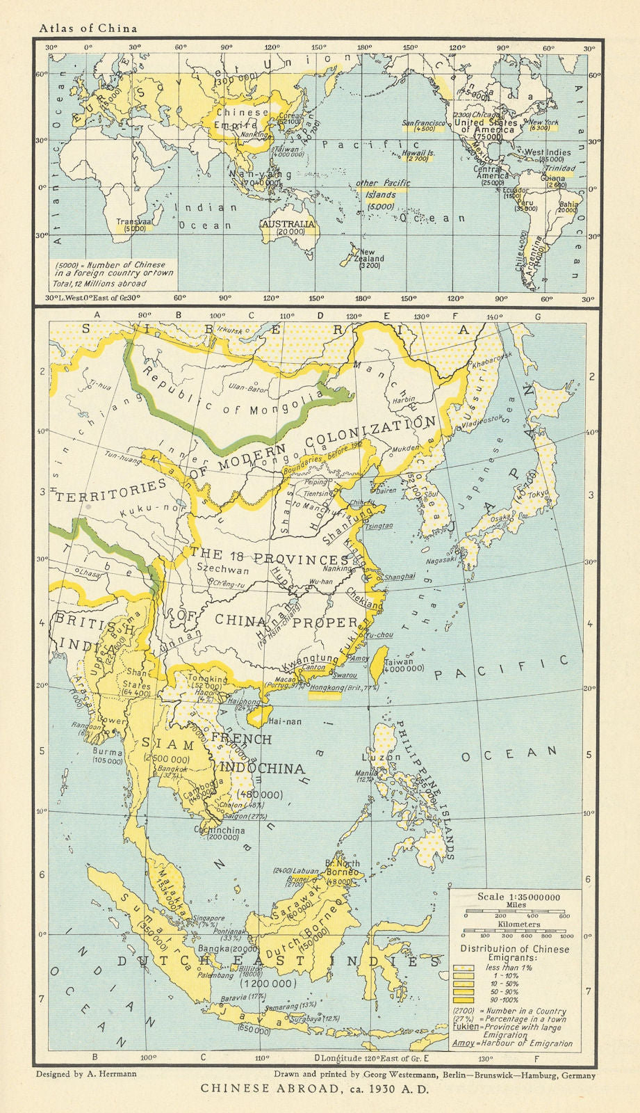 Chinese diaspora. Chinese emigrants abroad/overseas c1930 1935 old vintage map
