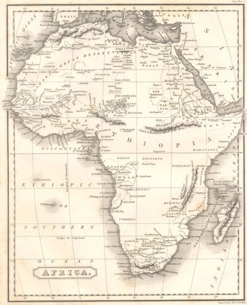 AFRICA. Early 19C map. Shows tribes & fictitious Mountains of Kong. 1830