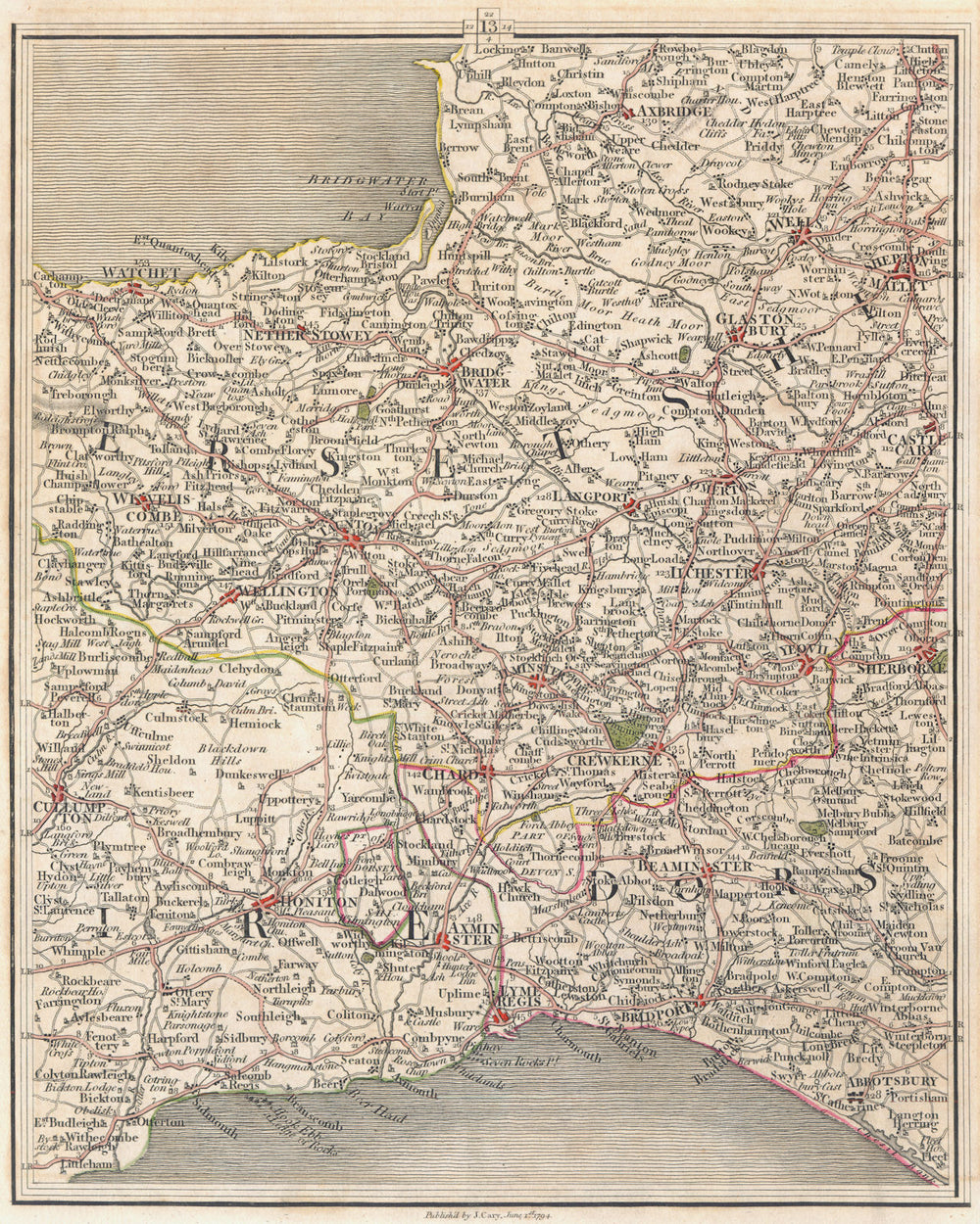 SW ENGLAND.Devon Somt Dorset.Wells Glastonbury Taunton Lyme Regis.CARY 1794 map