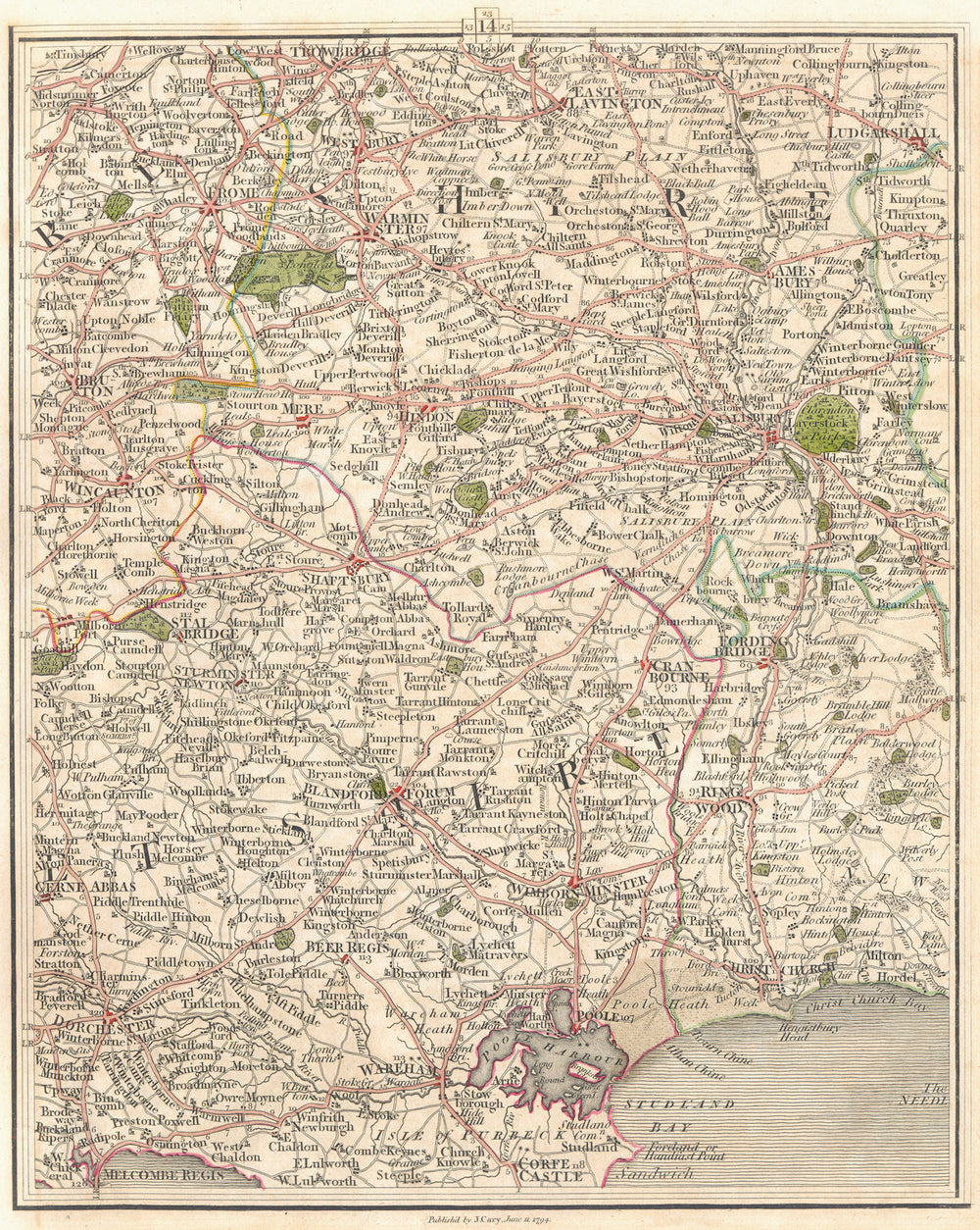 SALISBURY PLAIN DORSET COAST. Wilts Poole Bournemouth Dorchester. CARY 1794 map