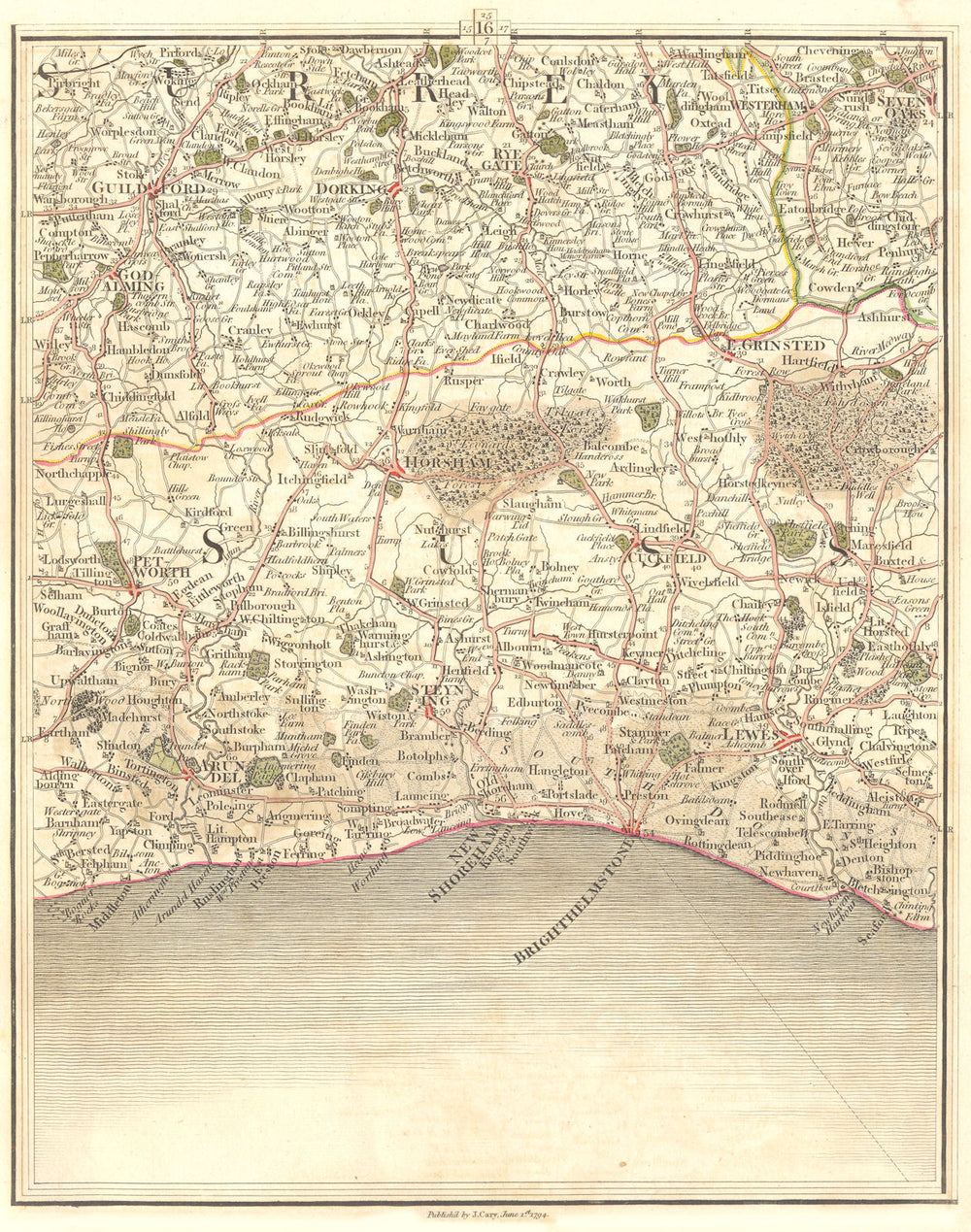 SURREY/SUSSEX.Sevenoaks Guildford east Grinstead Worthing Brighton.Cary 1794 map