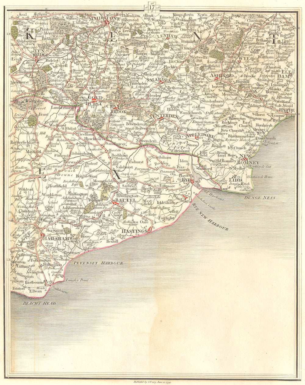 KENT/SUSSEX COAST.Maidstone Ashford Tunbridge Wells Rye Eastbourne.CARY 1794 map