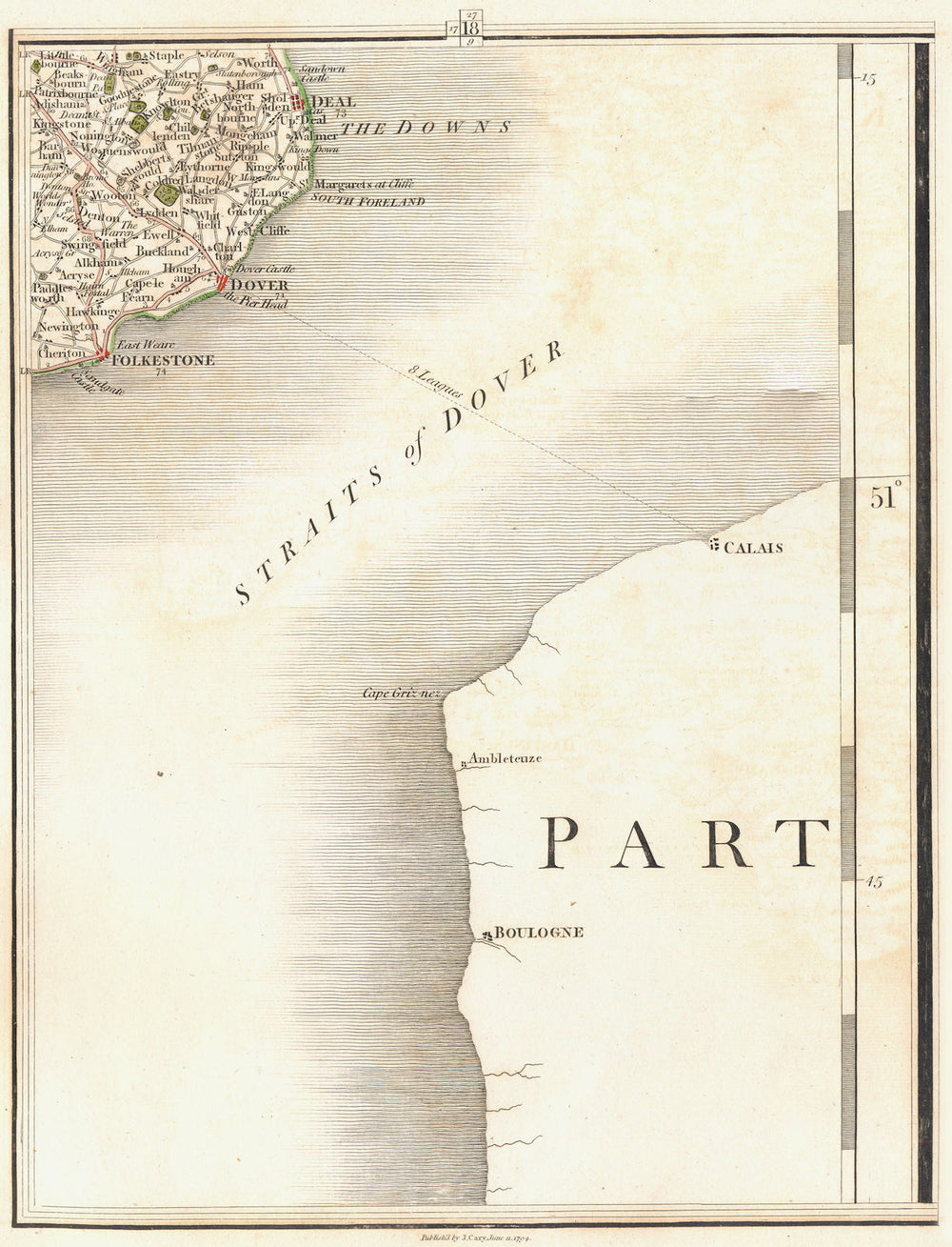 DOVER STRAIT CHANNEL PORTS. Kent Deal Folkestone Calais Boulogne. CARY 1794 map