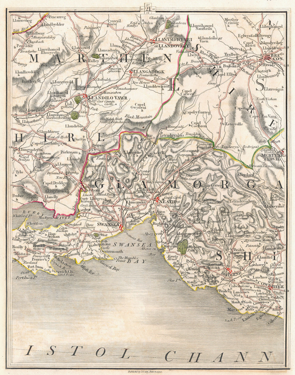SOUTH WALES. Brecon Llandovery Neath Swansea Bridgend Llanelli. CARY 1794 map