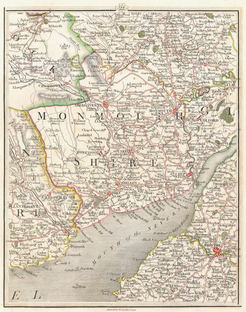 SEVERN ESTUARY. Bristol Newport Cardiff Monmouth Abergavenny. CARY 1794 map