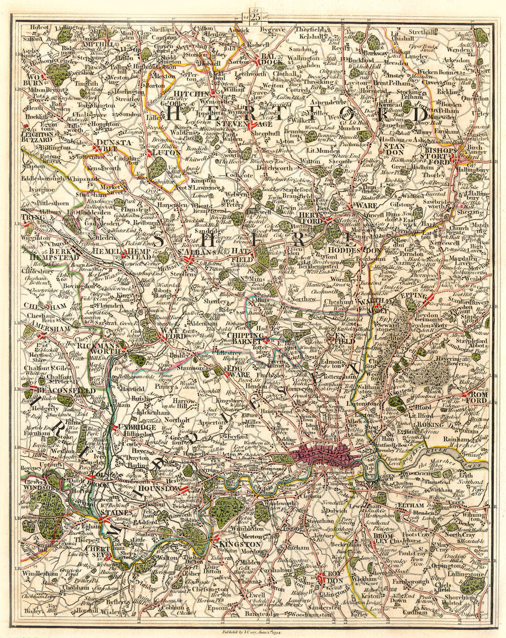 LONDON & HOME COUNTIES. Hertfordshire Middlesex Chilterns Luton. CARY 1794 map