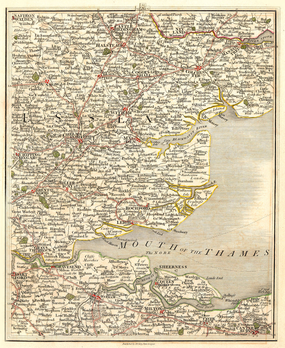THAMES ESTUARY.Essex Kent Colchester Chelmsford Dartford Southend.CARY 1794 map