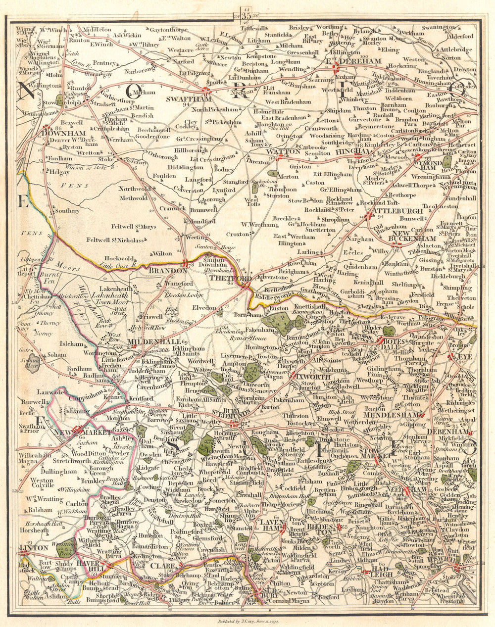 EAST ANGLIA & FENS. Norfolk Suffolk. Ipswich Bury St Edmunds. CARY 1794 map