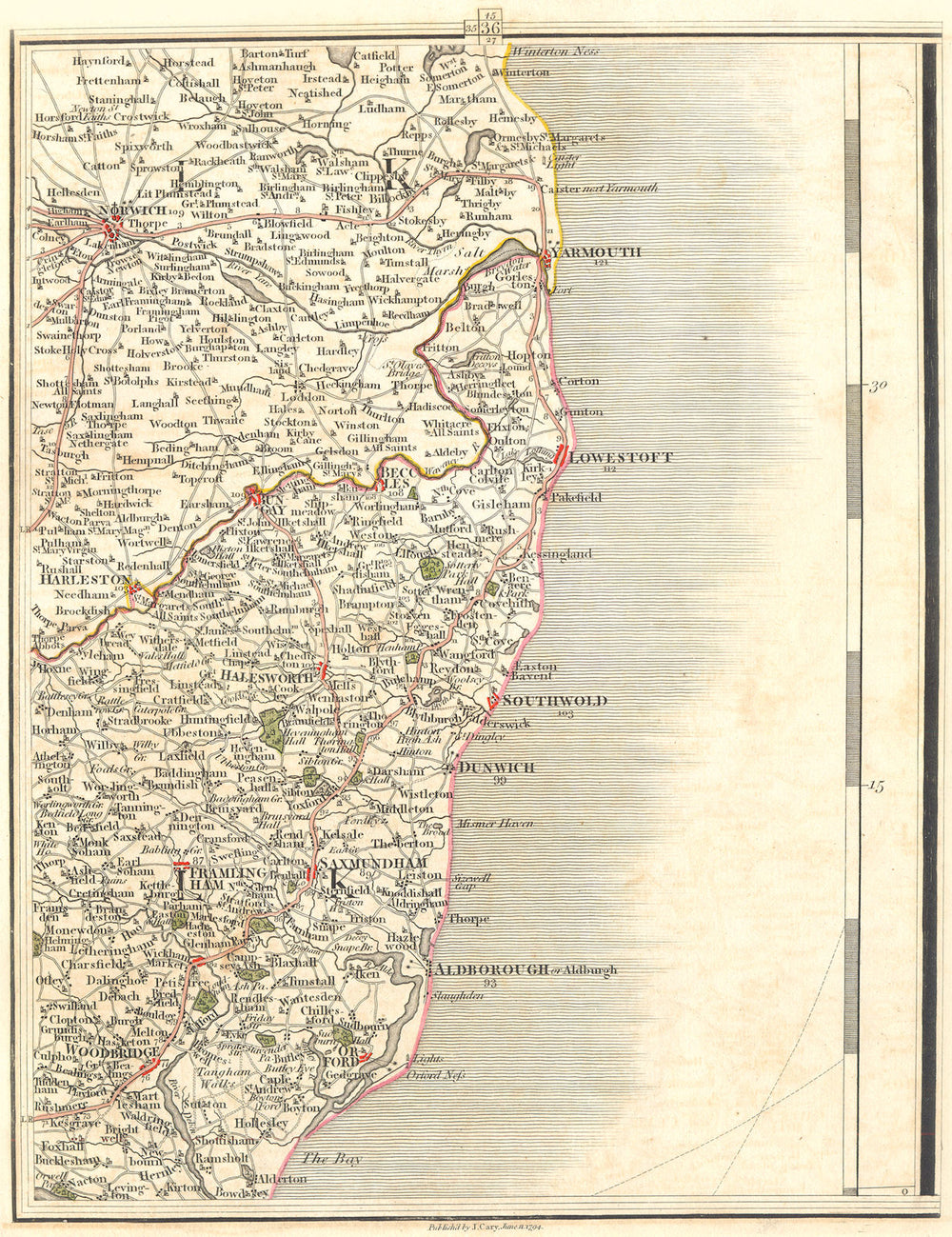 NORFOLK BROADS & SUFFOLK COAST. Norwich Great Yarmouth Lowestoft. CARY 1794 map