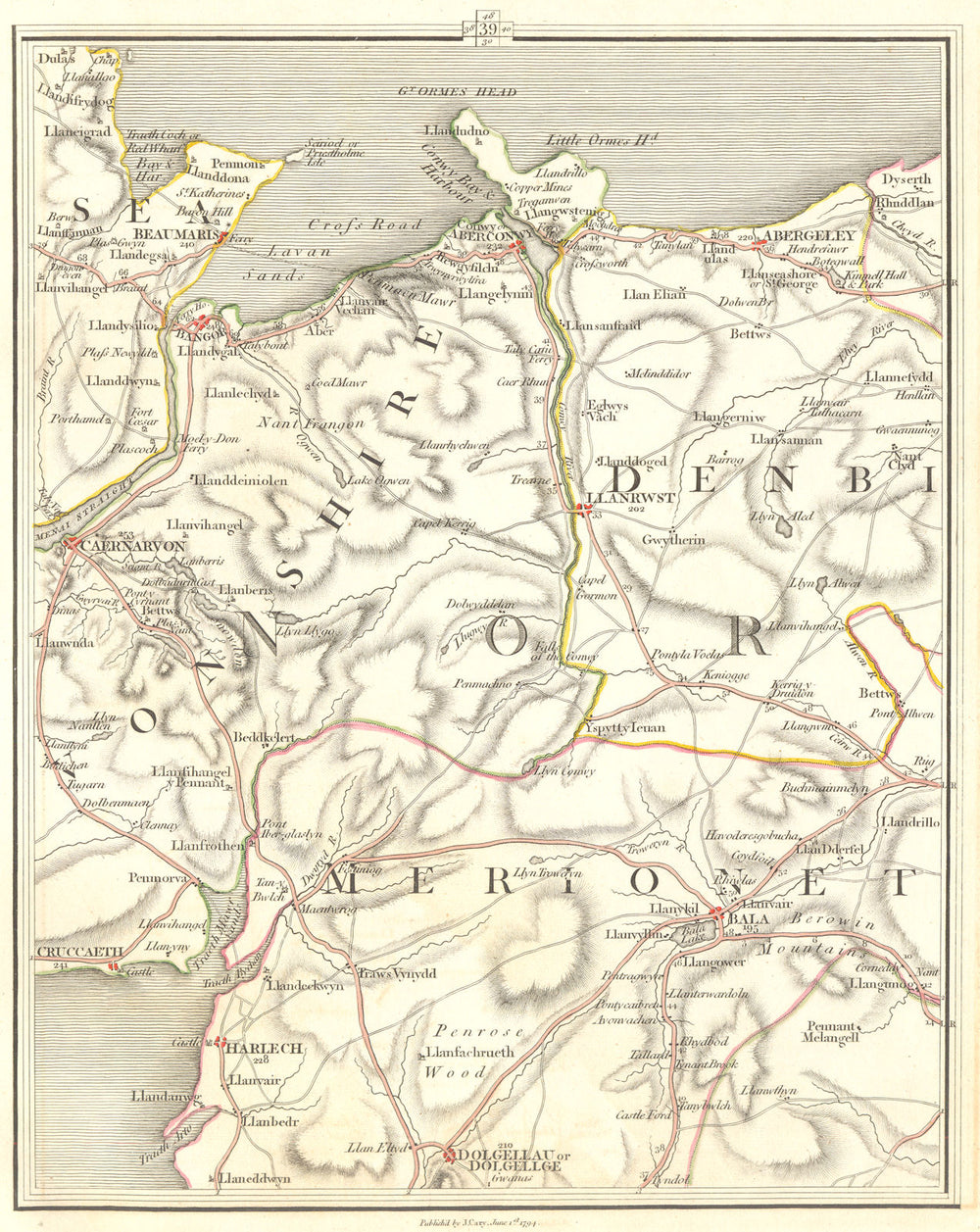 SNOWDONIA.Bangor Caenarfon Bala Conwy Abergele Beaumaris Anglesey.CARY 1794 map