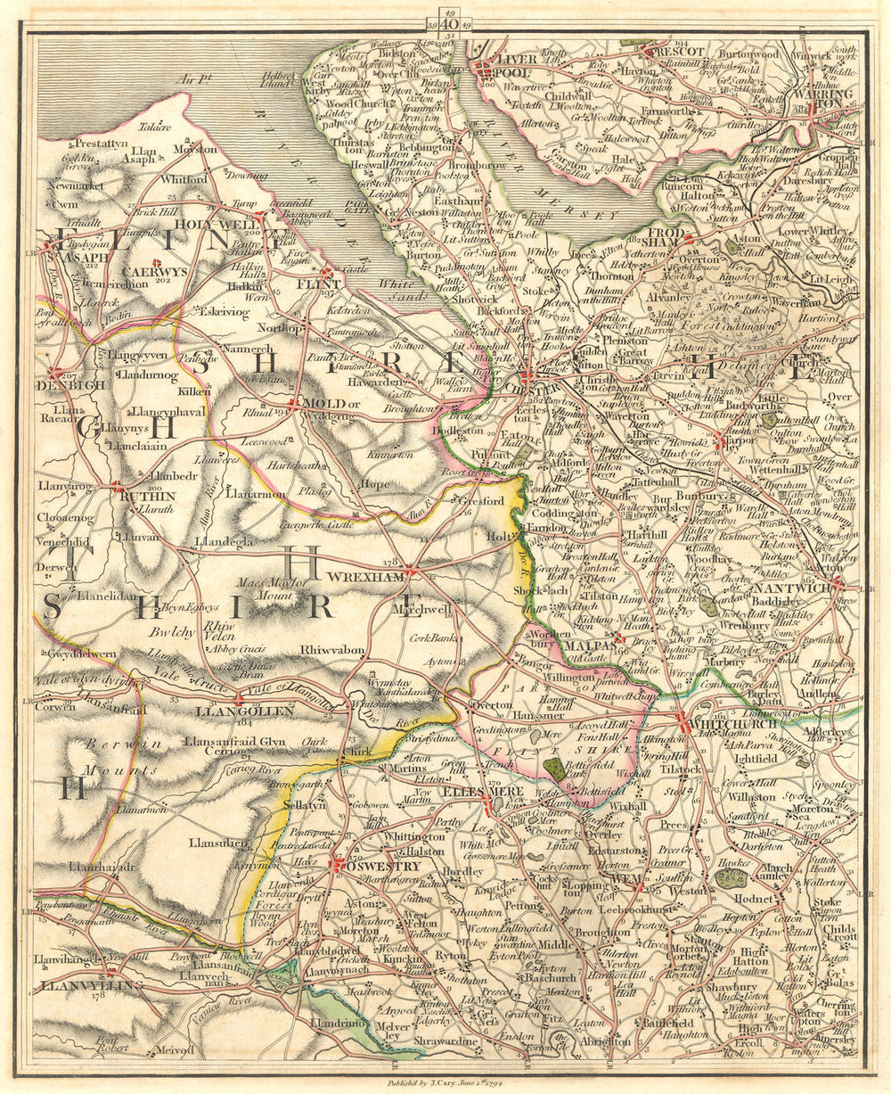 MERSEYSIDE NE WALES CHESHIRE N SHROPS.Liverpool Warrington Chester.CARY 1794 map