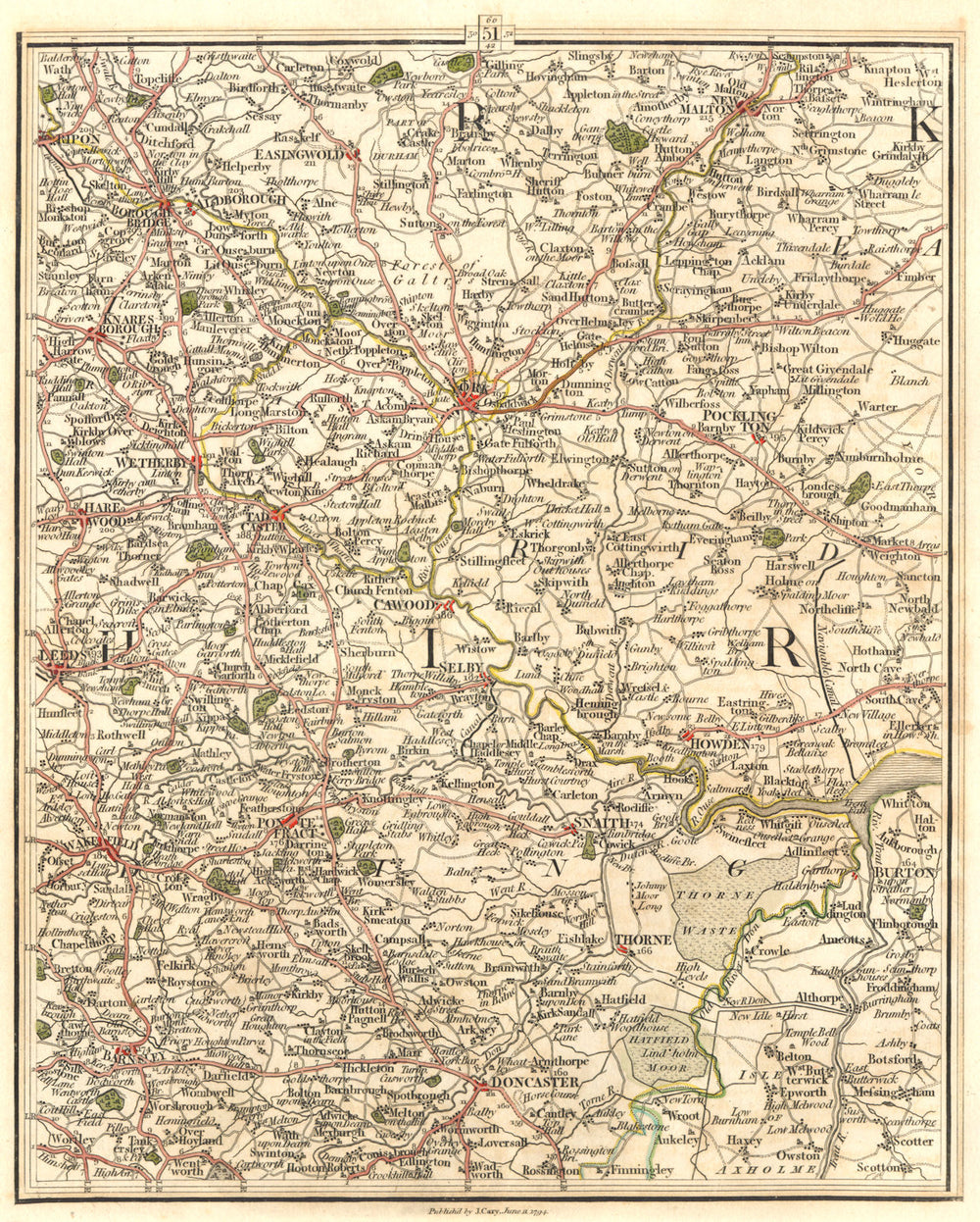 YORKSHIRE. Leeds York Harrogate Barnsley Doncaster Pontefract. CARY 1794 map