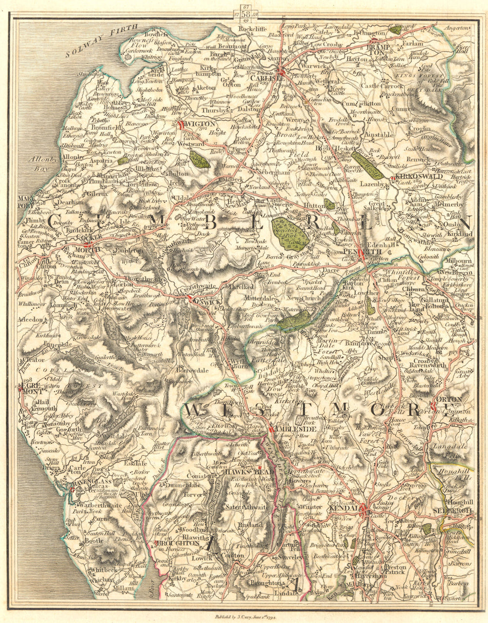 LAKE DISTRICT. Cumbria Westmorland Carlisle Cockermouth Kendal. CARY 1794 map