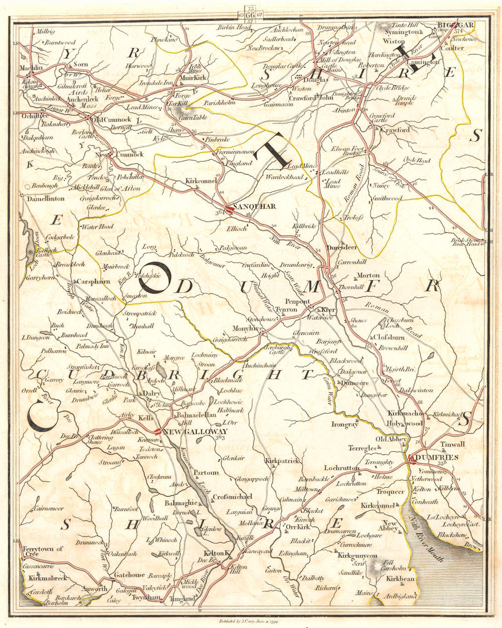 DUMFRIES/GALLOWAY.Kirkcudbrightshire Ayrshire Lanarkshire Sanquhar.CARY 1794 map