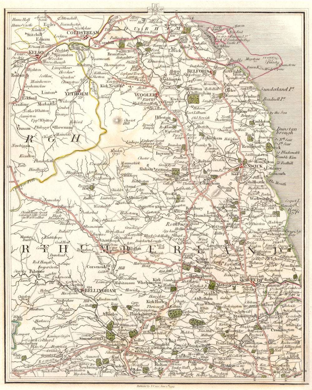 NORTHUMBERLAND. Coldstream Kelso Alnwick Morpeth Bellingham. CARY 1794 map