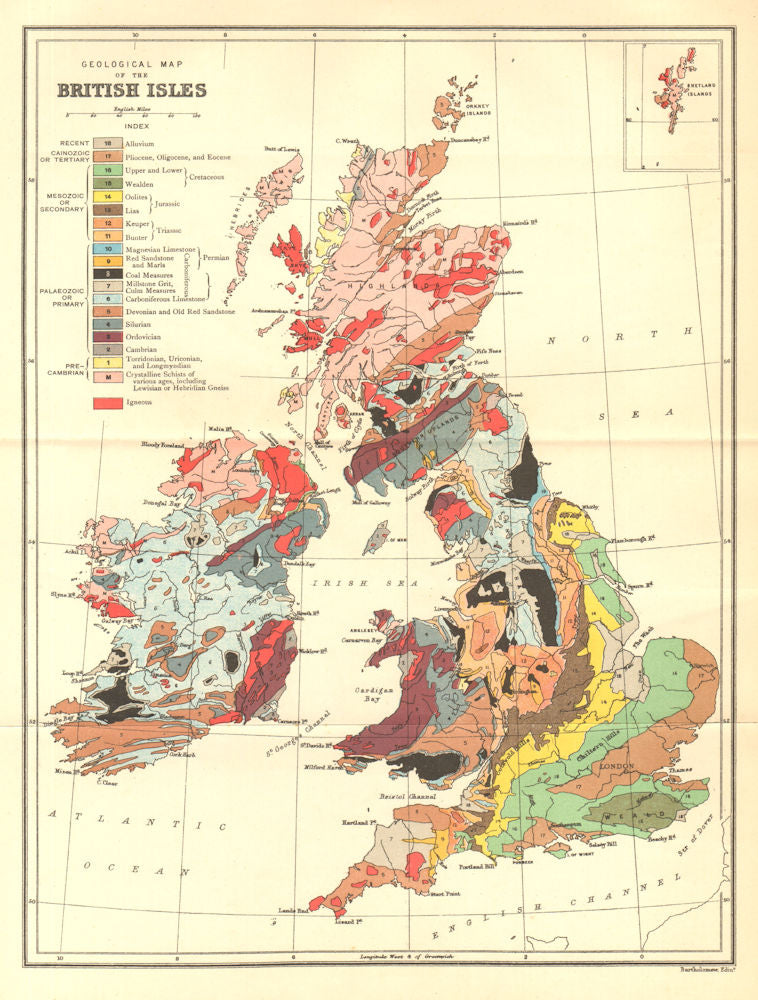 BRITISH ISLES. Geological Map in colour 1912 old antique plan chart