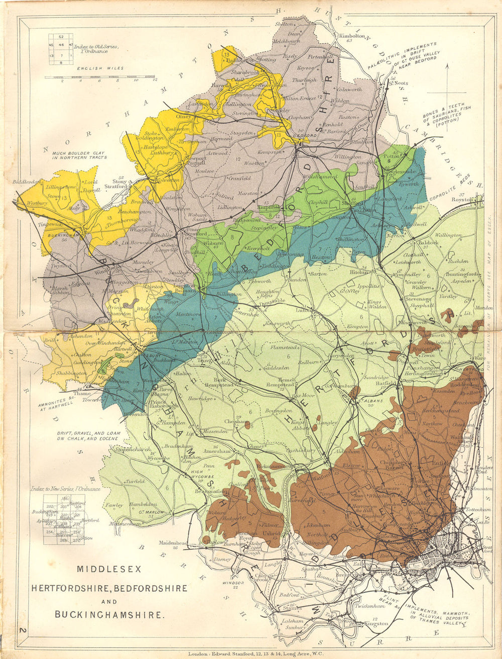 MIDDLESEX HERTFORDSHIRE BEDFORDSHIRE & BUCKS. Geological. STANFORD 1880 map