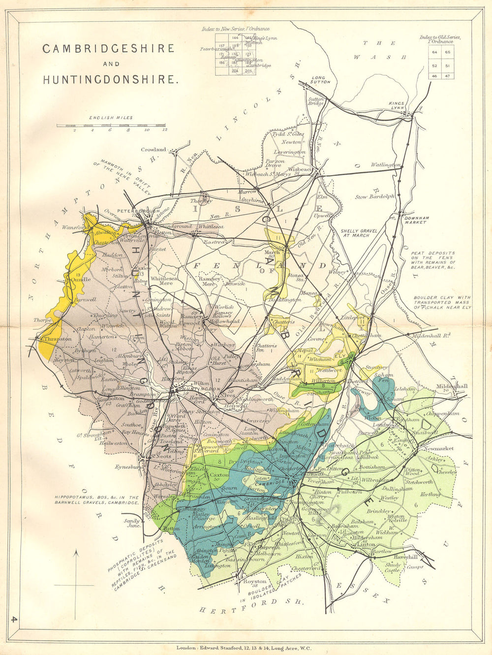 CAMBRIDGESHIRE AND HUNTINGDONSHIRE. Geological map. STANFORD 1880 old