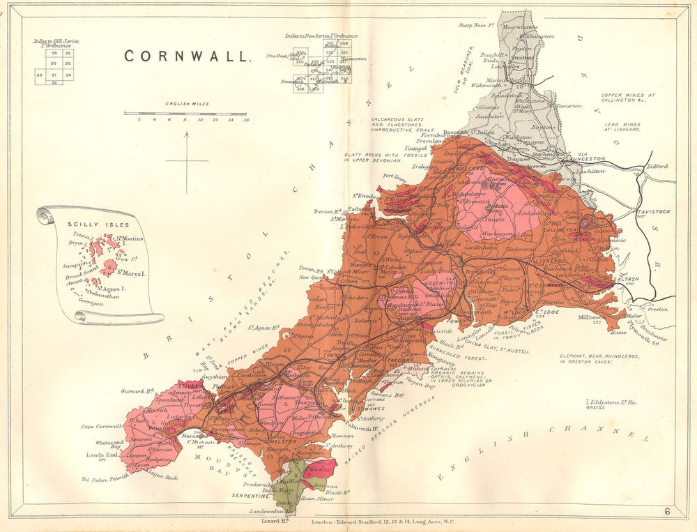 CORNWALL. Geological map. STANFORD 1880 old antique vintage plan chart