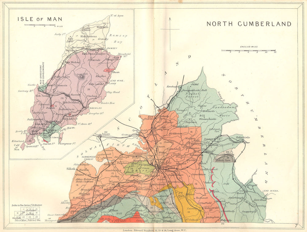 CUMBRIA. North Cumberland; Inset Isle of Man. Geological map. STANFORD 1880