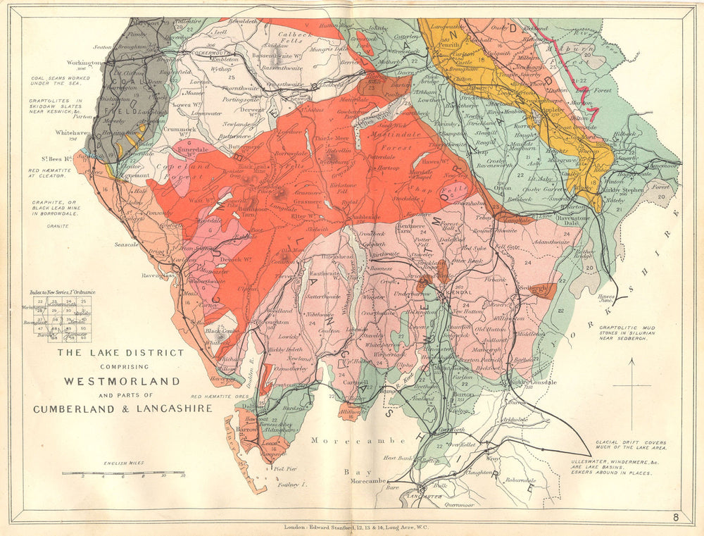 LAKE DISTRICT. Westmoreland Cumberland Lancashire. Geological. STANFORD 1880 map