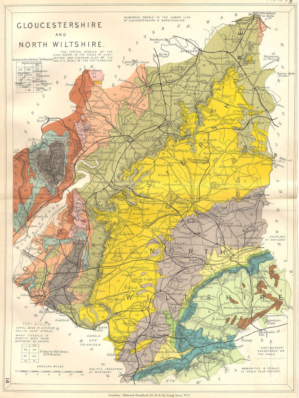 GLOUCESTERSHIRE AND NORTH WILTSHIRE. Geological map. STANFORD 1880 old