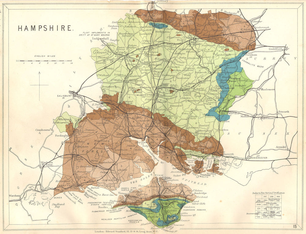 HAMPSHIRE. Geological map. STANFORD 1880 old antique vintage plan chart