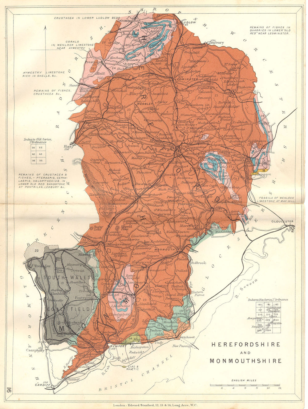 HEREFORDSHIRE AND MONMOUTHSHIRE. Geological map. STANFORD 1880 old antique