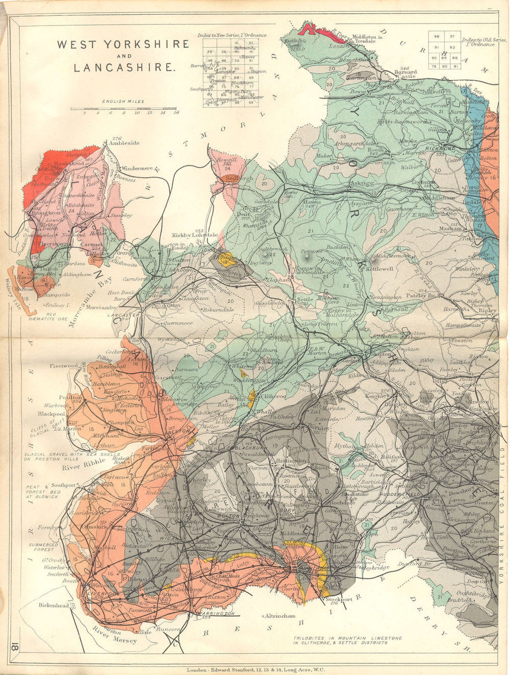 WEST YORKSHIRE AND LANCASHIRE. Geological map. STANFORD 1880 old antique
