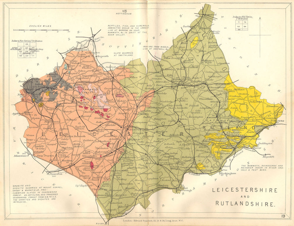 LEICESTERSHIRE AND RUTLANDSHIRE. Geological map. STANFORD 1880 old antique