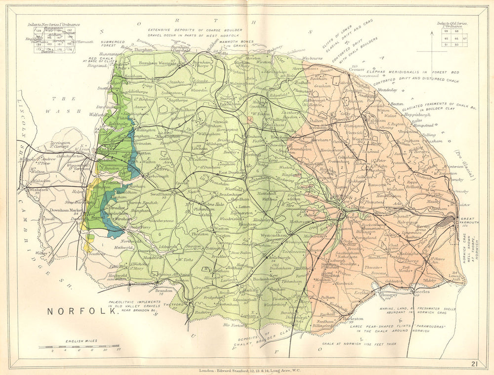 NORFOLK. Geological map. STANFORD 1880 old antique vintage plan chart