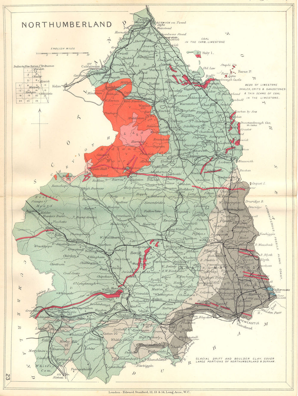 NORTHUMBERLAND. Geological map. STANFORD 1880 old antique plan chart