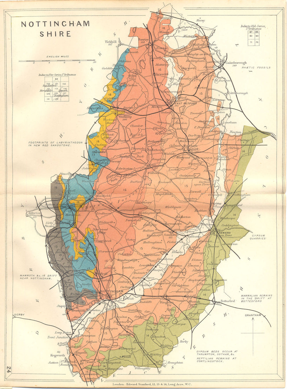 NOTTINGHAMSHIRE. Geological map. STANFORD 1880 old antique plan chart