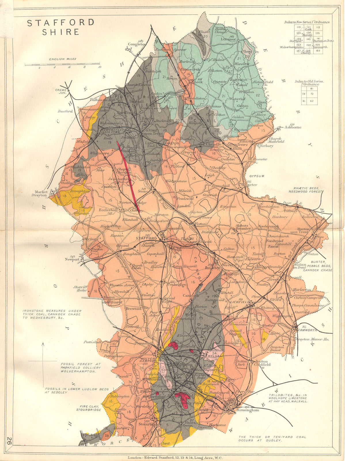 STAFFORDSHIRE. Geological map. STANFORD 1880 old antique plan chart ...