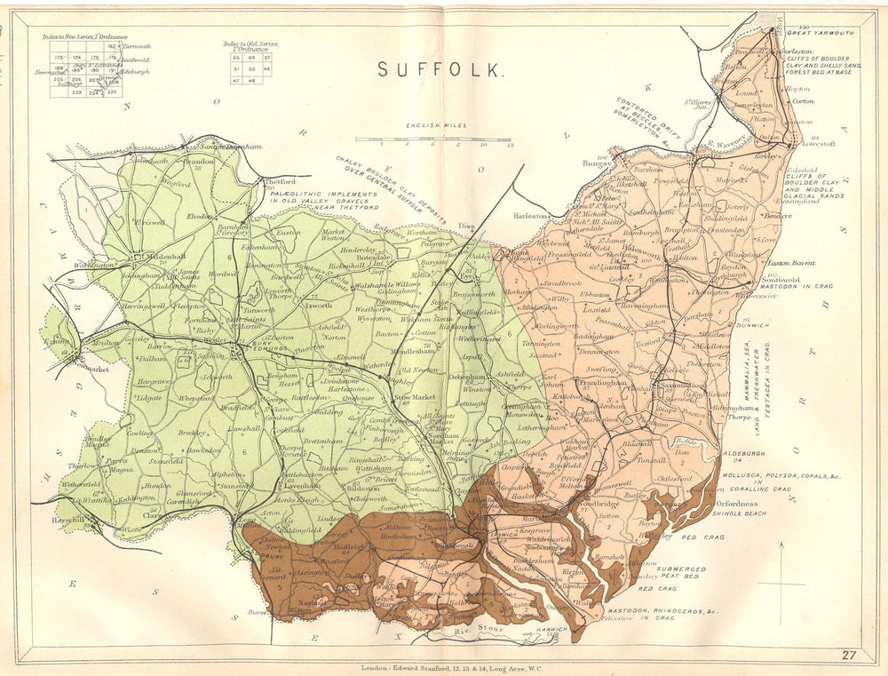SUFFOLK. Geological map. STANFORD 1880 old antique vintage plan chart
