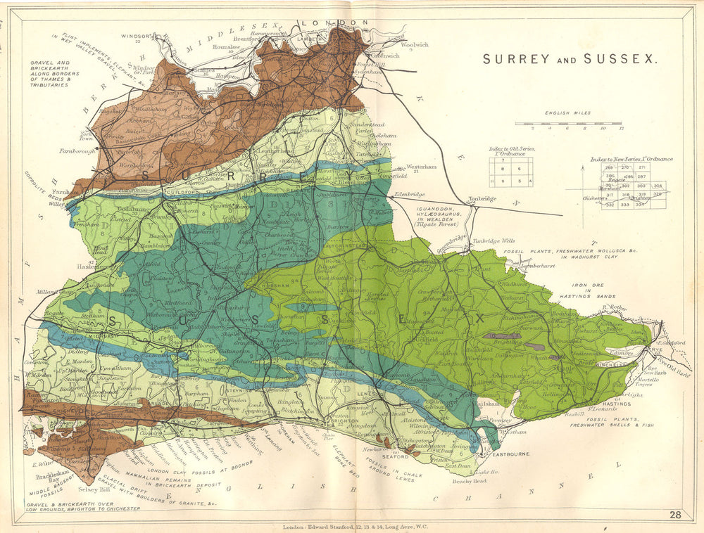 SURREY AND SUSSEX. Geological map. STANFORD 1880 old antique plan chart