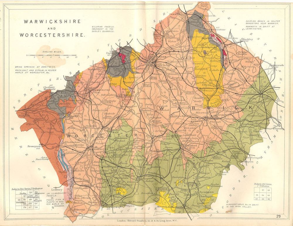WARWICKSHIRE AND WORCESTERSHIRE. Geological map. STANFORD 1880 old antique