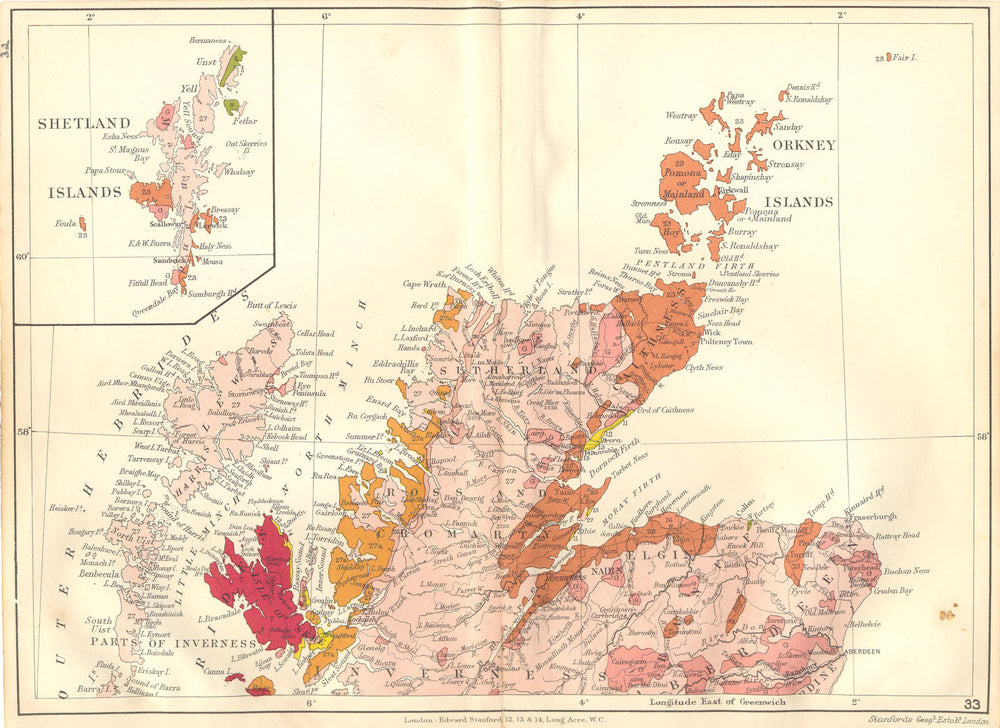 NORTH SCOTLAND. Orkneys; Inset Shetlands. Geological. STANFORD 1880 old map