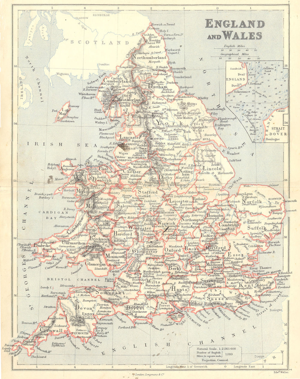 ENGLAND & WALES. Showing counties; Inset Dover Strait. BUTLER 1888 old map