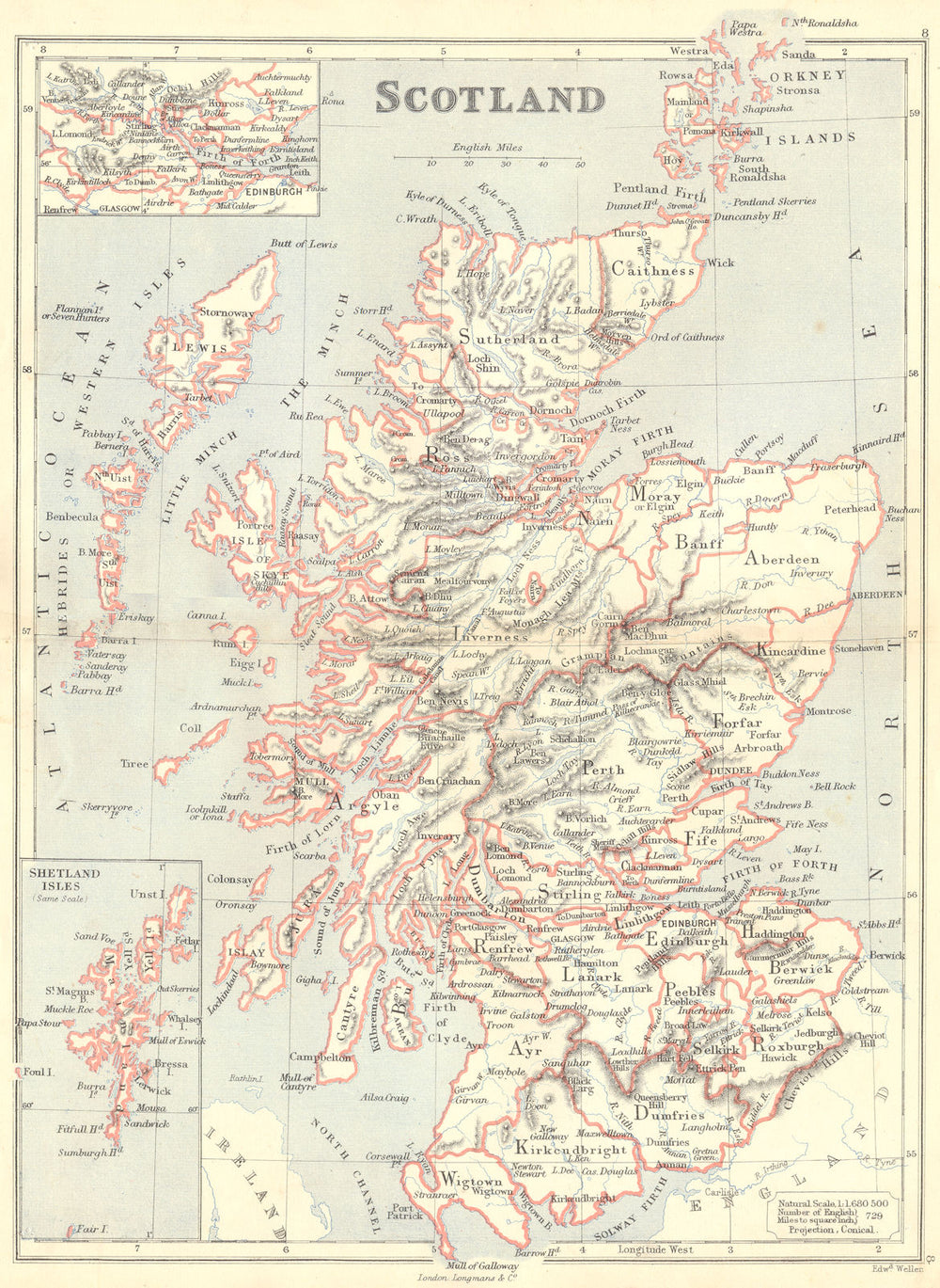 SCOTLAND. Showing counties; Inset central belt, Shetland Isles. BUTLER 1888 map