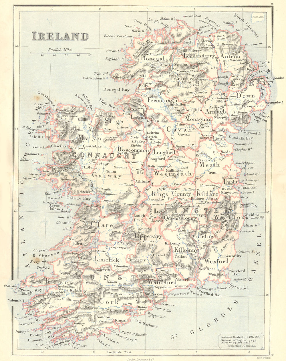 IRELAND. Showing counties. BUTLER 1888 old antique vintage map plan chart
