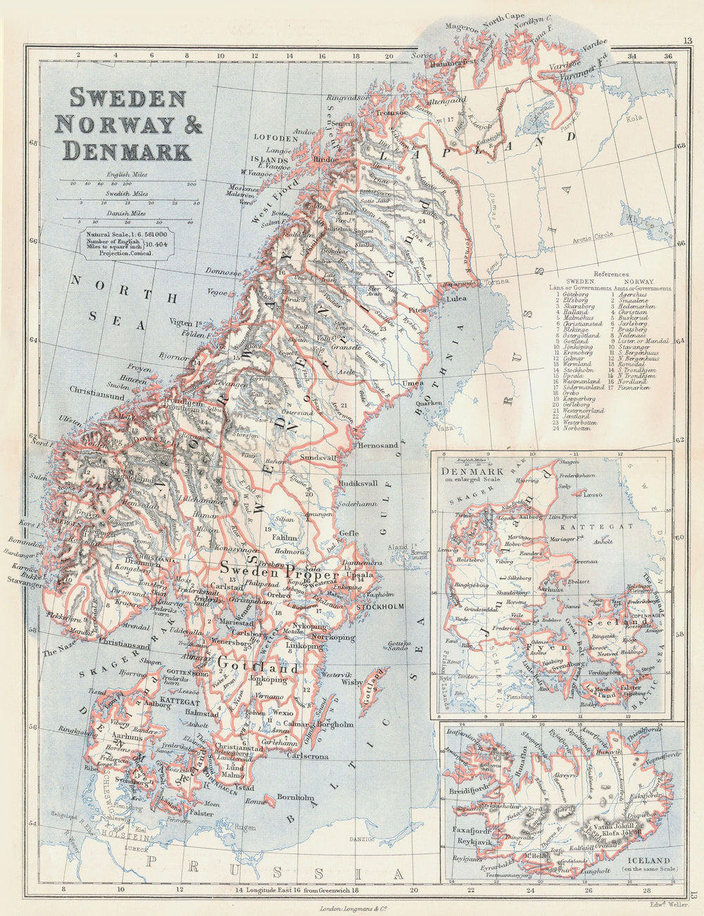 SCANDINAVIA.Sweden Norway Denmark(no Schleswig-Holstein)Iceland.BUTLER 1888 map