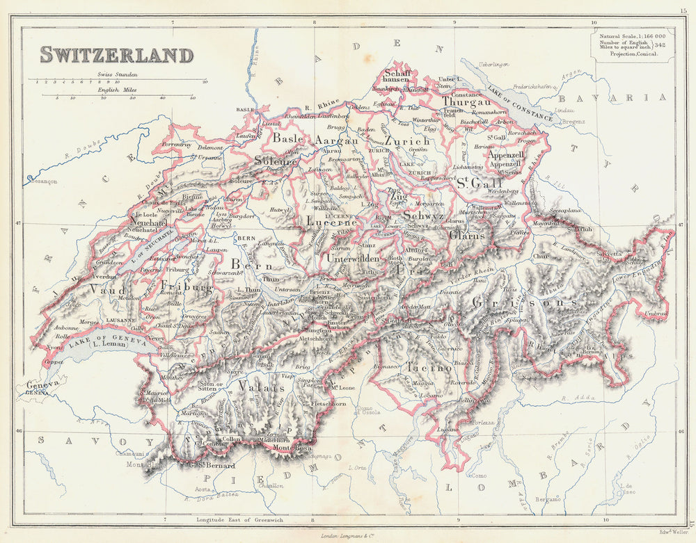 SWITZERLAND. Showing Cantons (shows Geneva as independent!) . BUTLER 1888 map