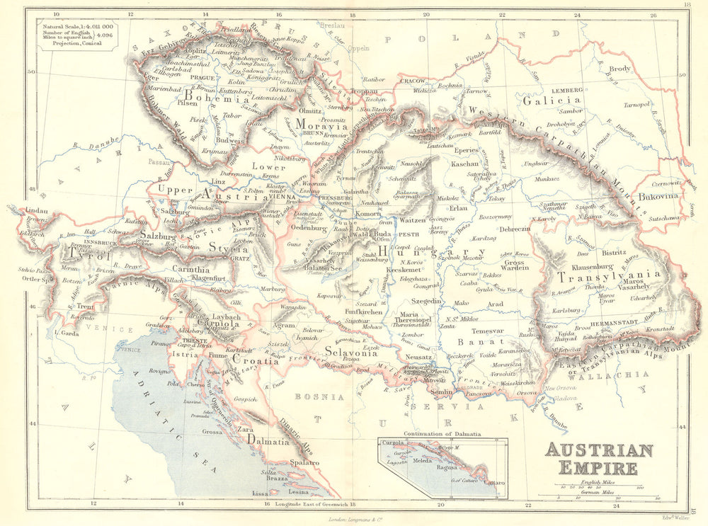 AUSTRIA-HUNGARIAN EMPIRE. Bohemia Galicia Dalmatia Transylvania. BUTLER 1888 map