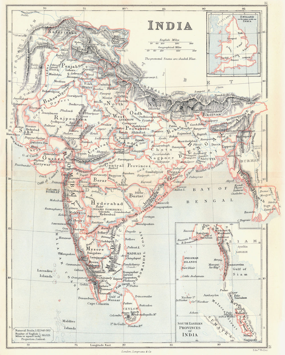 BRITISH INDIA. inc. Malaya (Straits Settlements. Penang &c) . BUTLER 1888 map