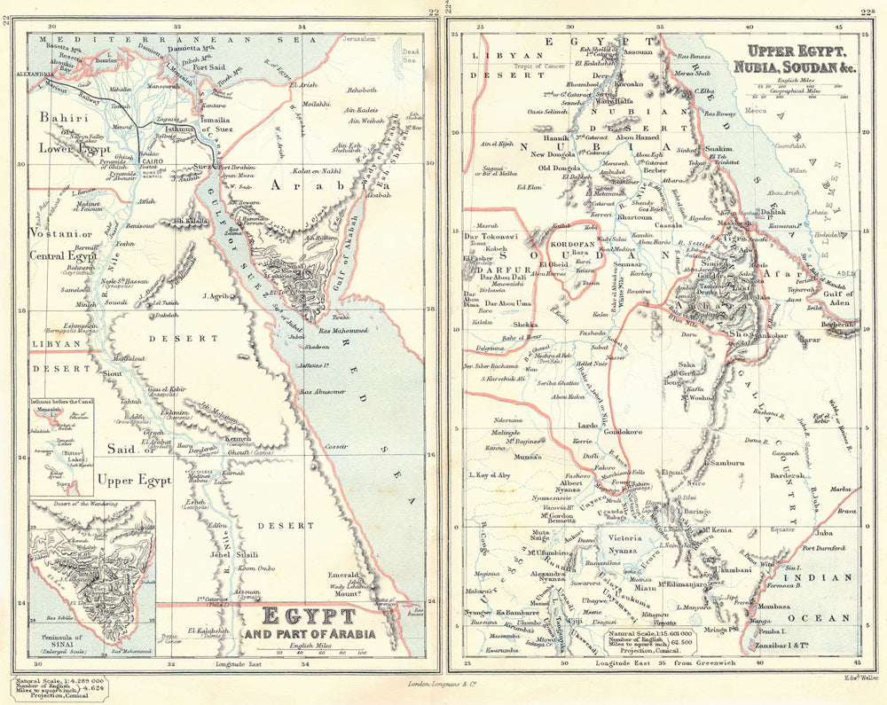 EGYPT & SUDAN.Nubia Darfur Kurdufan Sinai.Suez Isthmus pre-canal.BUTLER 1888 map